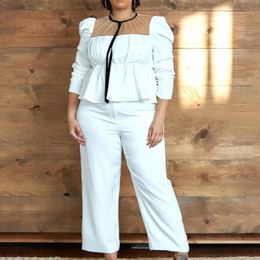 Women's Plus Size Tracksuits Tops And Pants Sets Women Long Sleeve Mesh Patchwork 4XL 5XL Office Lady Wear Peplum Blouse Wide Leg Suits