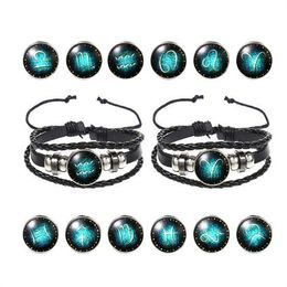 New 12 Constellation Zodiac Sign Black Braided Leather Bracelet Leo Taurus Gemini Woven Glass Dome Jewelry Men Women Bracelet GC1044