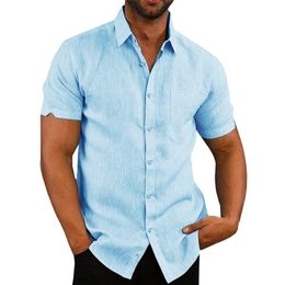 100% Cotton Linen Mens ShortSleeved Shirts Summer Solid Colour Turndown collar Casual Beach Style Plus Size 220615