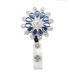 Custom Key Rings Jewellery Crystal Rhinestone Big Blue Flower Button Retractable Badge Reel ID Holder For Gift