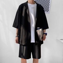 Korean Style Mens Set Suit Jacket and Shorts Solid Thin Short Sleeve Top Matching Bottoms Summer Fashion Oversized Clothing Man 220618