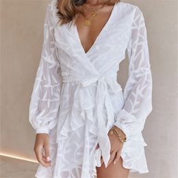DICLOUD Retro Chiffon Summer Dresses For Women Elegant Long Sleeves Vneck Belted Waist Sundress Sexy Style Wedding Vestido 220811
