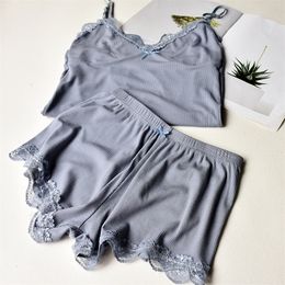 Two Piece Cotton Pajamas Set for Women Sexy Lace Top And Shorts Pajama Sets Spaghetti Strap Sleepwear High Elastic Woman Clothes 220321
