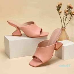 women's shoes thick heel slope heel square head fish mouth high-heeled slippers straight line trawl red sandals