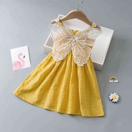 2022 Baby Girls Summer Cute Dress Lace Butterfly Outfit Suspenders Flower Toddler Kids Sleeveless Pink Yellow Vestidos G220518