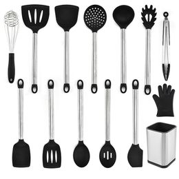 13pcs Silicone Cooking Kitchen Utensils Set Stainless Steel Handle Turner Spatula Spoon Tongs Whisk Cookware Kitchen Tools Set 210326