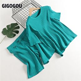 GIGOGOU Spring Summer Ribbed Women T-Shirt tracksuit Fashion Casual OverSized T Shirt Suit two piece Short Sets 220509
