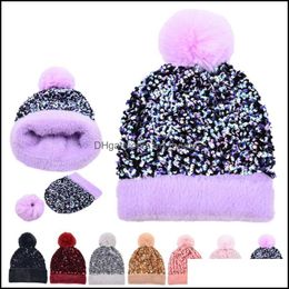 Caps Hats Accessories Baby Kids Maternity Sequins Knitted Pompom Removable Winter Outdoor Warm Fashion Skl Woollen Str Dhqjv