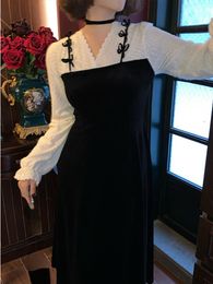velvet woman dress UK - Casual Dresses French Vintage Velvet Dress Woman Korean Fashion Patchwork Midi Party Long Sleeve Female 2022 Spring ChicCasual