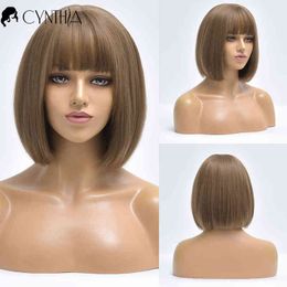 Brown Straight Short Bob Natural Daily Hair Synthetic Wigs for White Women with Bangs Heat Resistant Cosplay Female Fibre Wig 220622