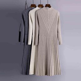 HLBCBG Chic Long Knit Maxi Women Sweater Dress Thick Warm Winter Pleated Dress Female Rib Turtleneck A Line Dress Office Lady T220803