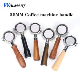 58Mm Stainless Steel Double Ear Coffee Machine Handle Bottomless Philtre Portafilter Universal Wooden E61 Espresso Coffee Tools 210326