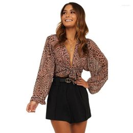 Women's Blouses & Shirts Spring Autumn European American Fashion Women's Tops Sexy Leopard V-Neck Lace-Up Cardigan ShirtWomen's