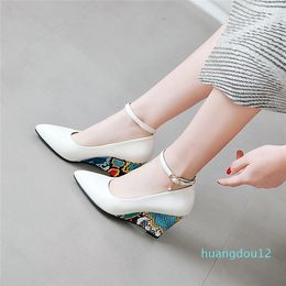 Dress Shoes Casual Office Lady Ladies Pumps Autumn High Wedge Heels Pointed Toe Patent Leather Ankle Strap Women RedDress