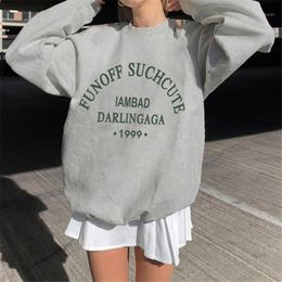 Women's Hoodies & Sweatshirts Casual Women Loose Long Fashion Letter Printing Round Neck Pullover Grey Autumn Winter Oversized Clothing 2022