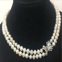 Hand knotted necklace natural 7-8mm double layer white freshwater pearl necklace 2 rows choker 17-18inch