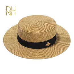 Ladies Sun Boater Flat Hats Small Bee Sequins Straw Retro Gold Braided Female Sunshade Shine Cap RH 220725