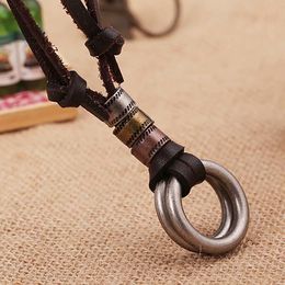 Anncient Silver Metal Double Ring Pendant Necklace Retro Adjustable Chain Leather Necklaces for Women Men Hip Hop Fashion Jewellery