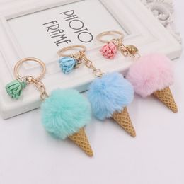 Ice Cream Keychain Cute Bag Cartoon Key Rings Imitation Rex Rabbit Fur Plush Pendant Cone Car Hair Ball Bag Accessories KeyChains 5*14cm