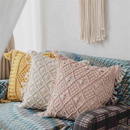 Boho Style Cushion Cover Yellow Pink Grey Hand Made Woven Pillow Cover Tassels Home decoration Macrame Pillow Case For sofa Bed 210401