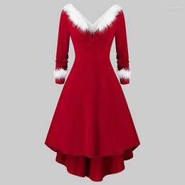 Casual Dresses 2022 High Quality Women's Fashion Christmas V-neck Long-sleeved Irregular Red Dress Xmas Velvet Santa Claus