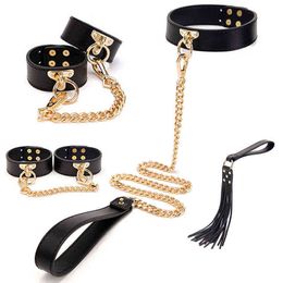 NXY Sex Adult Toy 4 Pcs Genuine Leather Erotic Toys for Woman Game Bdsm Kits Bondage Set Handcuffs Whip Collar Women Accessories 0330