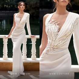 Chic Mermaid Satin Prom Dress Beaded One Long Sleeve Jewel Neck Formal Evening Gowns Sweep Train White Party Dresses