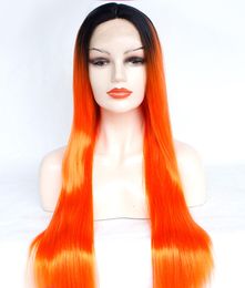 Women's Sexy long Black & orange Front lace straight Handmade Synthetic human Hair Party Costume wigs