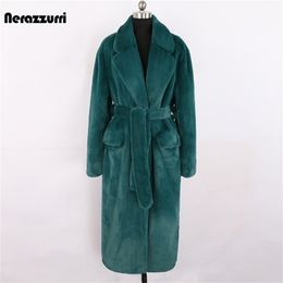 Nerazzurri Winter Long Green Warm Soft Loose Fluffy Faux Fur Coat Women Belt Lapel Elegant Luxury Designer Korean Fashion 211215