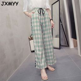 Large size women's net red spring and autumn high-waist wide-leg pants loose and thin nine-point casual pants L-4XL 210412