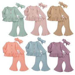 Clothing Sets Infant Born Baby Toddler Girls 3 Pcs Knit Outfits Long Sleeve Buttons Round Neck Ruffle Top Flared Pant HeadbandClothing