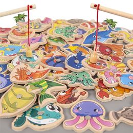 Wooden Magnetic Fishing Game Cartoon Marine Life Learn Alphanumeric Toys Baby Montessori Early Educational Toy for Kids Gift 220621