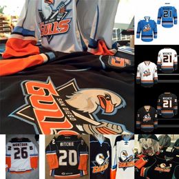 Mit San Diego Gulls Jersey 21 Wagner 4 Thompson 20 Ritchie 5 Pettersson 15 Sorensen 19 Hults Abbott AHL Hockey Jerseys Orange Black White