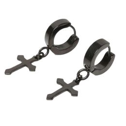 Cuelga la araña Punk Men Ear Stud Circle Round Cross Pendientes para pequeños crucifijo Cuff Ears Acero inoxidable Hip Hop Male Jewelry 1Pcs