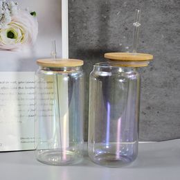 New arrival! 2 colors sublimation 16oz 12oz clear glass tumblers Ion plating glass can water cups with straw and lid Sea Freight