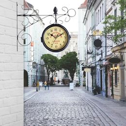 Wall Clocks Outdoor Garden Station Clock Double Sided Retro Quartz Watches Metal Iron Art Hanging For Corridor DecorationWallWall