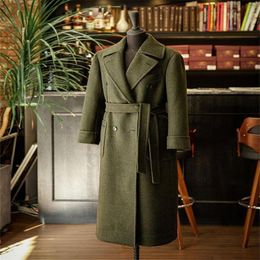 Men's Suits & Blazers Handsome Wool Men One Piece Overcoat Custom Made Dark Green Lapel Royal High Quality Formal Winter Business Long CoatM