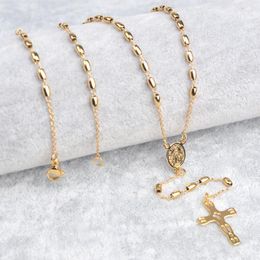 Chains Women Golden Stainless Steel Catholic Rosary Necklace Oval Beads Cross RosariesChains Godl22