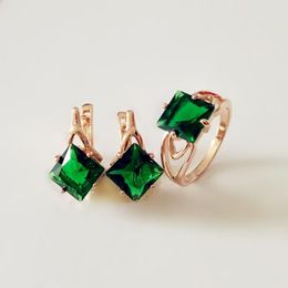 Earrings & Necklace Luxury Office Style Green Cubic Zircon Women Ring Jewellery Set 585 Rose Gold Colour PlatingEarrings