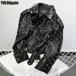 YOLOAgain women genuine leather jacket ladies high street heart rivet black real leather jacket 201030
