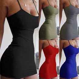 Spaghetti Strap Camisole Mini Dress Women Bodycon Vestidos Summer Sexy Low Cut Sleeveless Solid Color Party Club Dress 220705