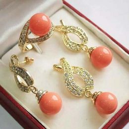 18K Gold Plated orange Shell Pearl Necklace Jewellery Set