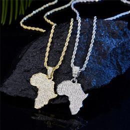 Pendant Necklaces Iced Out Africa Map Necklace With Cuban Chain Bling Rhinestone For Men Colar MasculinoPendant NecklacesPendant