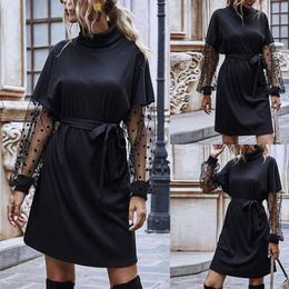 Casual Dresses Mesh Polka Dot Sexy Dress Long Sleeve See Through Slim Patchwork Elegant Autumn Party Club Black