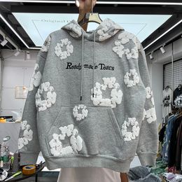 Puf baskılı sweatshirtler nakış mektupları gri kapüşonlu sokak kıyafetleri hip hop polar sıradan kadınlar gevşek fit tasarımcı kapüşonlu gerçek resimler