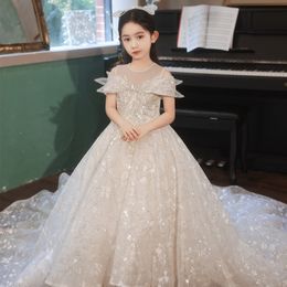2022 Princess Champagne Flower Girl Dresses Vintage Long train Sheer Crew Neck Appliques sequined Ruched Tulle Cute Girl Formal Party Gowns Pageant Wears