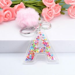 Keychains Women Letter Sequin Key Chain A To Z English Alphabet Keyring Handbag Charms Crafts With Pink Pompom Ball Ornaments Smal22