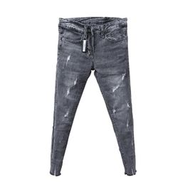 Wholesale Fashion Denim Casual skinny jeans men hip hop students grey Trendy mens summer Korean slim-fit stretch-hole jeans 201128