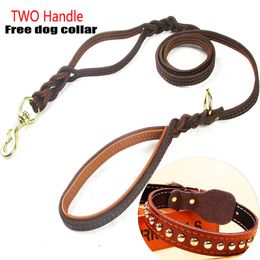 Free Dog Collar Genuine Leather Pet Dog Leash with 2 Handle Padded Traffic Handle for Extra Control Dog Training Walking 201101