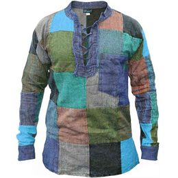 Fashion New Men's Shirts V Neck Bandage Color Block Stitching Clothes Long Sleeves Casual Cotton Shirt Male Tops Plus Size S-6XL L220704